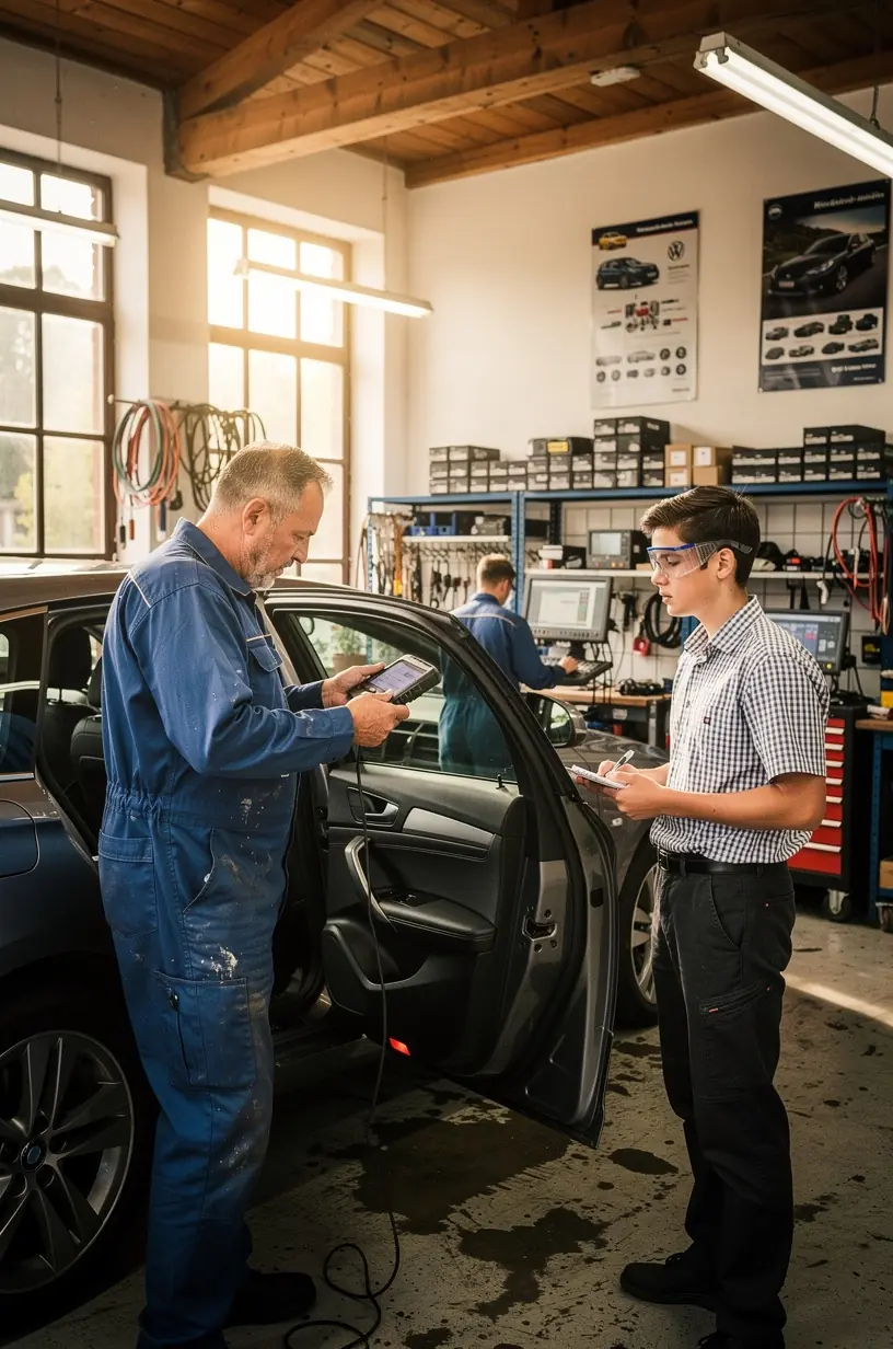 Moderne Werkstatt mit spezialisierten Geräten zur Fehlererkennung und Reparatur.
