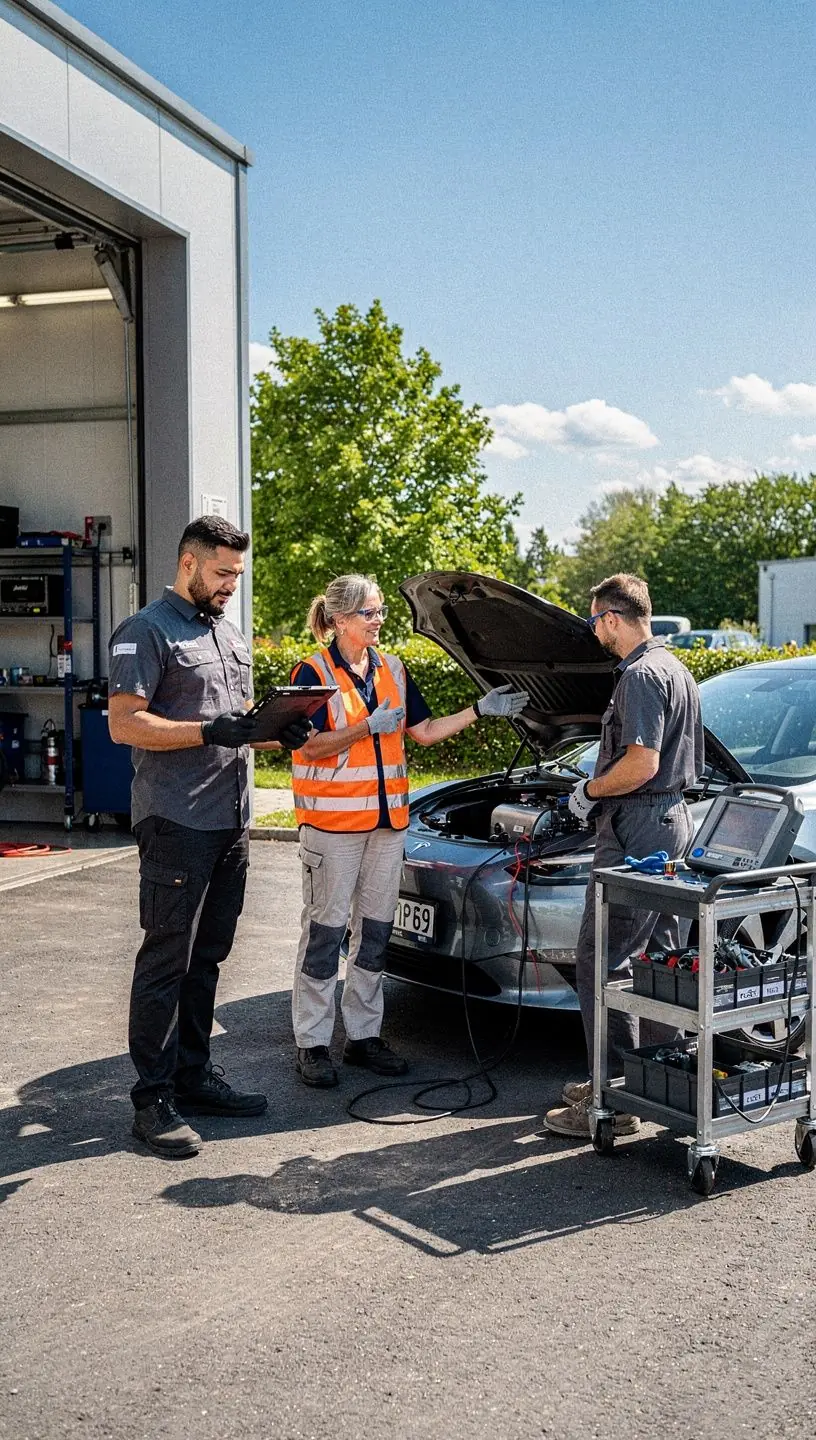 Elektronische Messgeräte und Kabel verbinden sich mit dem Fahrzeug-OBD-Anschluss.