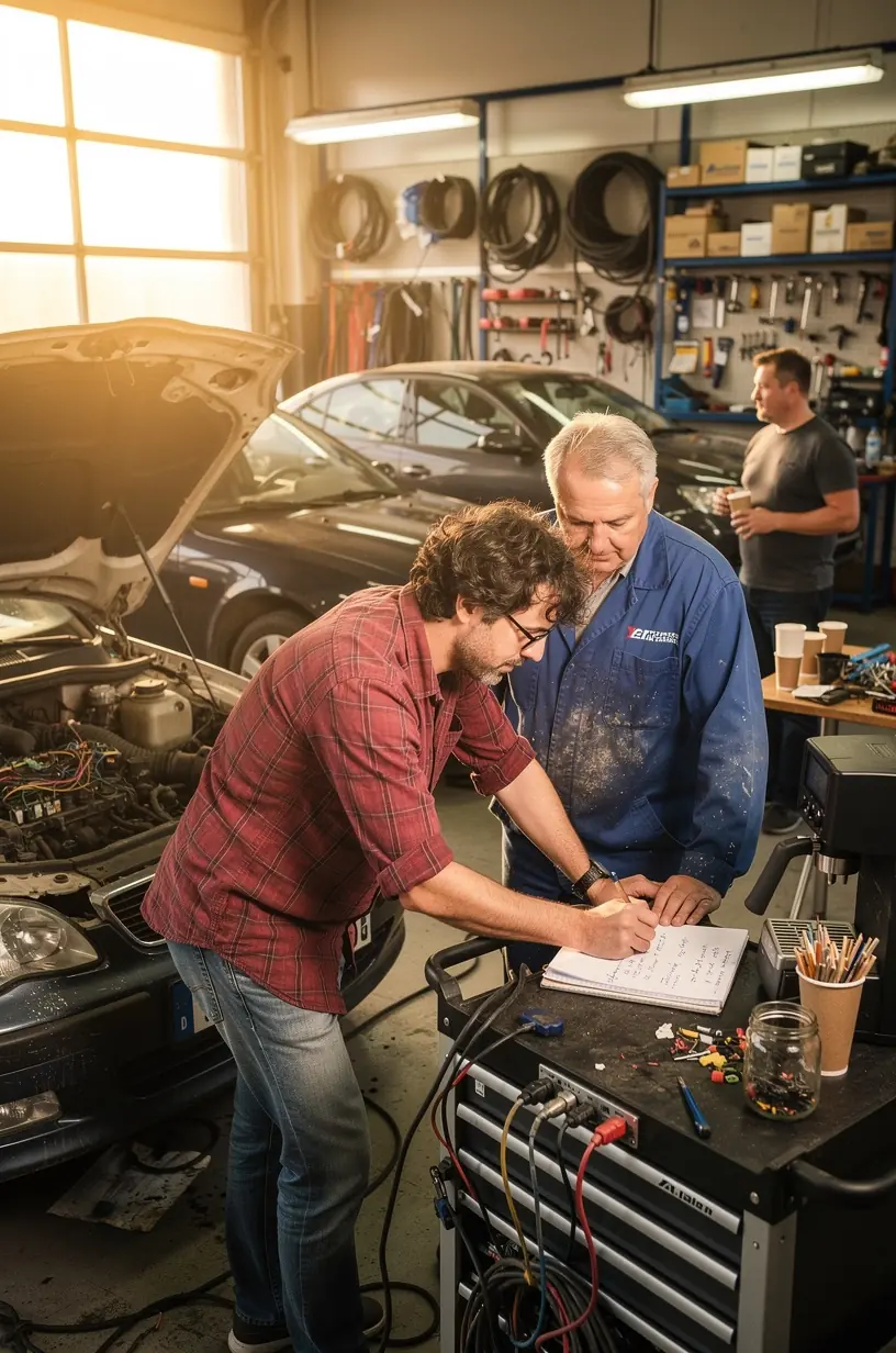 Techniker analysiert Onboard-Diagnosesystem auf einem Laptop im Reparaturbetrieb.